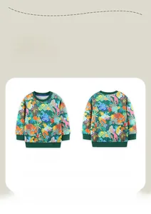 Flat lay detail showing front and back of dinosaur print green cotton sweatshirt for boys