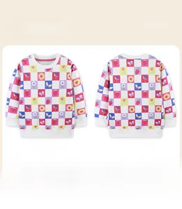 Front and back view of girls' colorful checkerboard sweatshirt with cute floral patterns