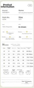 Detailed size guide and fabric specifications for girls' long sleeve sweatshirt 2Y-7Y