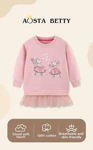 Detail view of 100% cotton pink toddler girls sweatshirt dress with tulle mesh hem skirt