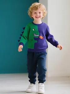 Boys Color Block Dinosaur Sweatshirt With 3D Spikes Long Sleeve Crewneck Pullover Cotton Knitted Autumn Tops For Kids