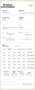 Detailed size chart and fabric guide for girls' long-sleeved cartoon sweatshirt