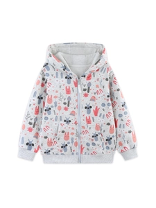 Toddler girl zip-up hoodie with cute cartoon rabbit print in light grey marl
