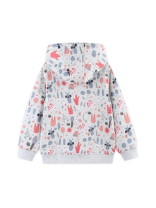 Girls' grey hooded sweatshirt with colorful rabbit prints and ribbed cuffs on plain white background