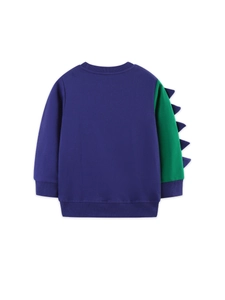 Boys purple crewneck sweatshirt featuring green contrast sleeve and 3D dinosaur fins on back