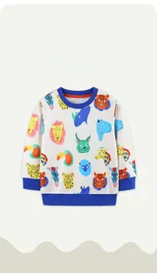 Detail of white cotton toddler sweatshirt featuring colorful animal prints and blue ribbed cuffs