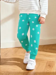 Petites Filles Pantalon de Jogging en Coton à la Mode Vert Menthe Imprimé Floral Marguerite Pantalon de Jogging en Maille Souple