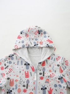 Girls zip-up hooded sweatshirt with cartoon rabbit print on heather grey fabric