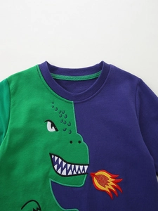Boys' autumn cotton sweatshirt featuring bicolor green purple design and dinosaur patch