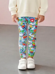Leggings Décontractés en Coton Imprimé pour Filles Pantalons Extensibles Doux Dessin Animé Lapin Floral Taille Élastique