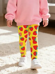 Leggings pour Filles Imprimé Fraise Mélange de Coton Taille Élastique Collants Jaunes Extensibles Pantalon Long Automne Enfant Casual Souple
