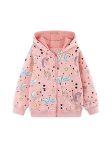 Pink toddler zip-up hoodie with unicorn and star prints, soft cotton hooded sweatshirt