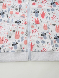 Girls zip-up hooded sweatshirt in light grey with cute rabbit and floral patterns