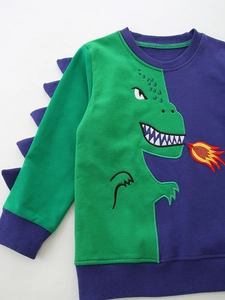 Kids long sleeve crewneck sweatshirt featuring green purple patchwork and 3D dinosaur embroidery