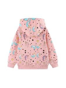 Pink hooded sweatshirt for girls with all-over unicorn and moon print and ribbed cuffs