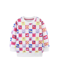 Girl's long sleeve sweatshirt featuring colorful checkerboard print with floral motifs