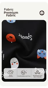 Close-up of soft black cotton leggings featuring cute Halloween pumpkin and ghost patterns