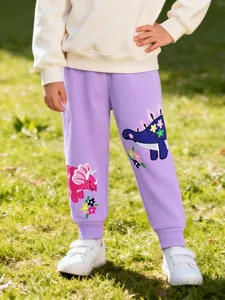Pantalon de Jogging Décontracté en Tricot de Coton pour Filles Broderie Dinosaure Taille Élastique Avec Cordon Rose Automne