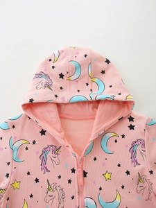 Girls' pink unicorn zip hoodie with celestial pattern and breathable waffle lining