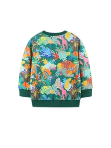 Boys long sleeve dinosaur sweatshirt with forest animal print and ribbed crewneck