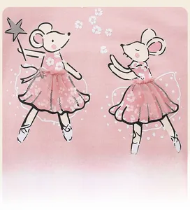 Detail of pink girls sweatshirt featuring 3D cartoon mice with mesh skirt embroidery