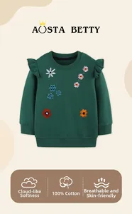 Detail of green floral embroidery and ruffled sleeves on 100% cotton girls sweatshirt