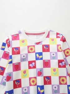 Girls' round neck sweatshirt with colorful checkerboard strawberry and floral patterns