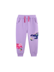 Pantalon de jogging violet pour filles en coton avec broderie dinosaure et cordon rose