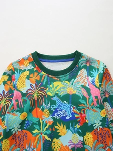 Boys' long-sleeve sweatshirt with dinosaur jungle print and green ribbed crewneck