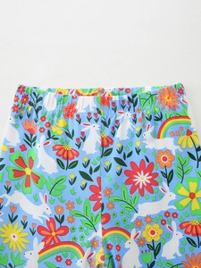 Leggings pour filles à taille élastique avec motifs de lapins et fleurs en bleu clair