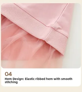 Detail of pink girls' sweatshirt with ribbed hem and layered mesh stitching detail
