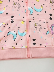 Pink unicorn print hooded sweatshirt for girls featuring a zipper and rib-knit hem detail
