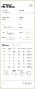 Detailed size chart for girls floral sweatshirt with measurements for lengths and ages
