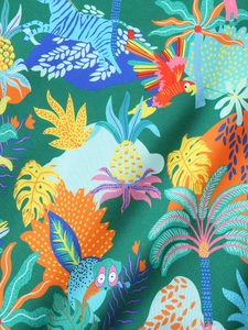 Green tropical sweatshirt for boys with vibrant dinosaur and palm leaf jungle prints