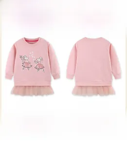 Detail of pink girls long sleeve dress with cartoon mice prints and tulle skirt hemline