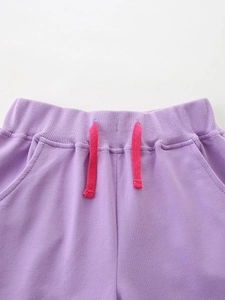 Pantalon de jogging violet pour fille en coton avec taille élastique et cordon rose