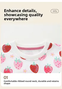 Détail du col rond côtelé et de la bande de propreté sur le sweat à motif fraise