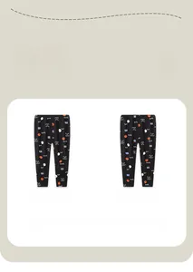 Front and back view of girls' black Halloween leggings with ghost and pumpkin patterns