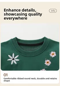 Detail view of ribbed crew neck on green cotton sweatshirt with floral embroidery
