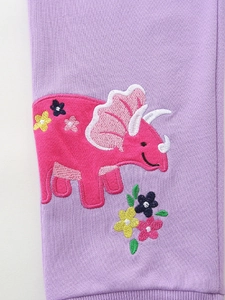 Pantalon de jogging violet pour fille en coton avec broderie dinosaure et bords-côtes
