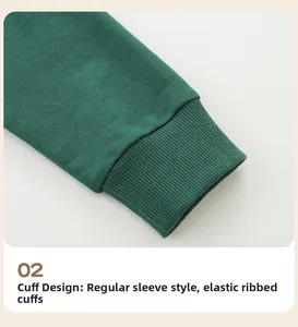 Detail of green girls sweatshirt showing elastic ribbed cuffs and stitching