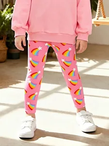 Leggings en Coton d'Automne pour Filles Rose Imprimé Arc-en-ciel Étoile Pantalon à Taille Élastique pour Enfants Doux