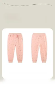 Pink toddler joggers with cherry print featuring adjustable drawstring and ribbed cuffs
