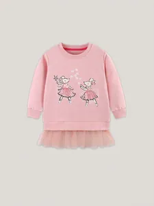 Pink long-sleeve girls sweatshirt dress with cartoon mouse print and tulle hem