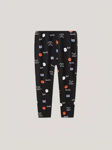 Girls Halloween leggings with pumpkin and ghost prints on soft black stretch fabric