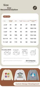 Detailed size chart for kids' crewneck sweatshirts with measurements and care instructions