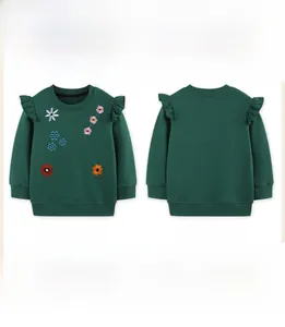 Detailed view of girls floral sweatshirt with ruffle sleeves in front and back displays