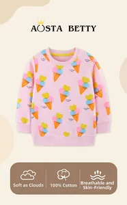 Detail of pink cotton girl's sweatshirt featuring colorful heart ice cream prints and text