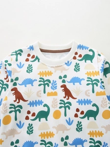 Sweatshirt enfant à imprimé dinosaure avec col rond blanc et motif cartoon intégral