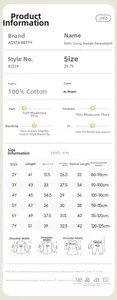 Detailed size chart and fabric specifications for girls 100% cotton printed sweatshirt